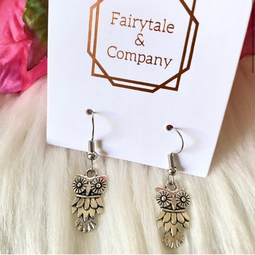 Silver dangle owl earrings
